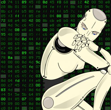 Kadın robot, onun yapay zeka, lost ın düşünce ikili kod izole bir arka plan üzerine oturur. Öğrenme, yapay sinir ağları makine fikir göstermek.