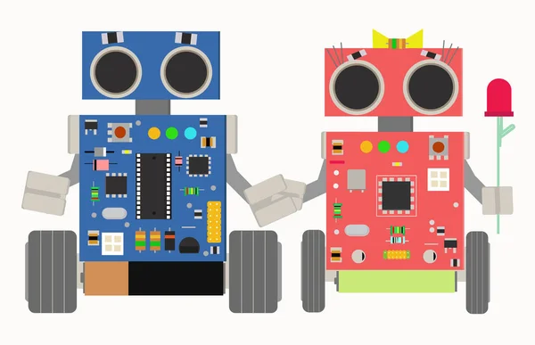 Два веселых симпатичных влюблённых робота — стоковый вектор