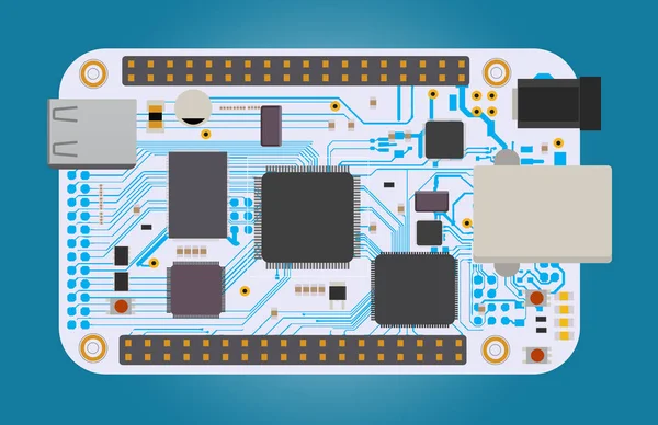 Carte électronique DIY avec micro-contrôleur, LED, connecteurs et autres composants électroniques . — Image vectorielle