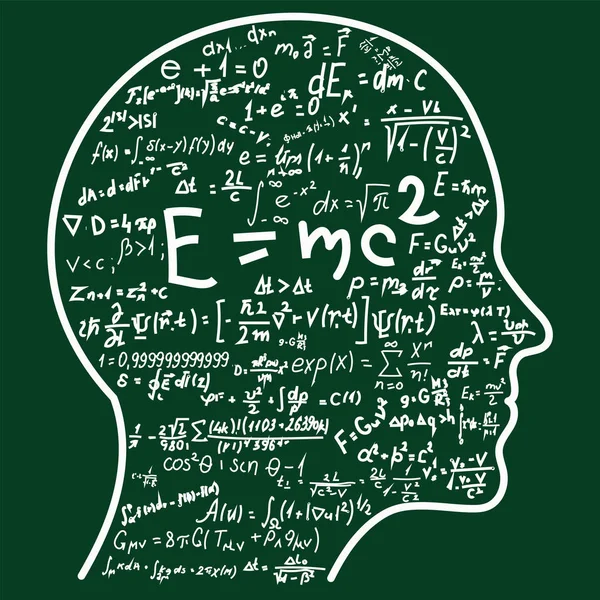 Pensamento científico. Esboço da cabeça preenchendo fórmulas de matemática e física. Pode ilustrar tópicos relacionados à ciência . — Vetor de Stock