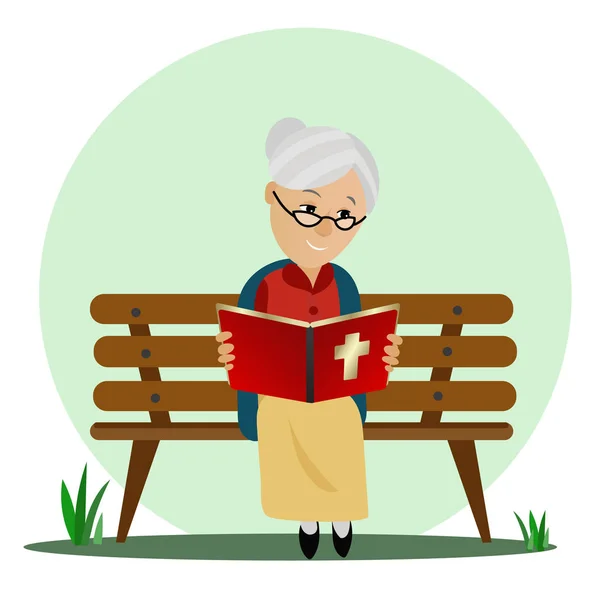 Une femme âgée lit la Bible assise sur un banc de parc . — Image vectorielle