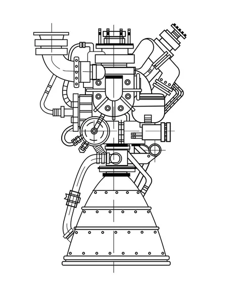 Diseño del motor cohete. Se puede utilizar como ilustración para la alta tecnología, el desarrollo de ingeniería y la investigación . — Vector de stock