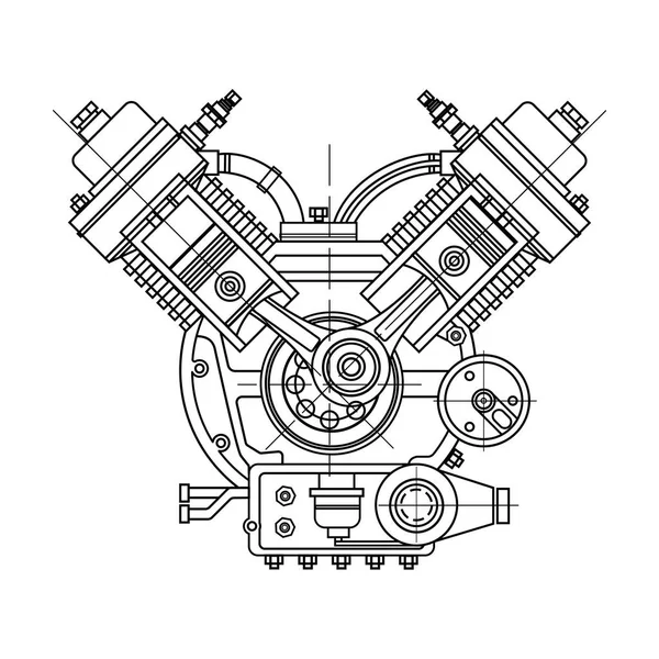 Um motor de combustão interna. O motor de desenho da máquina na seção, ilustrando a estrutura interna - os cilindros, pistões, a vela de ignição. Isolado sobre fundo branco . Ilustrações De Stock Royalty-Free