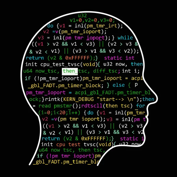 人工知能。内部に人間の頭概要のイメージは、思考のプロセスを象徴するプログラム コードを示しています。イラスト仕事人工ニューラル ネットワーク. — ストックベクタ
