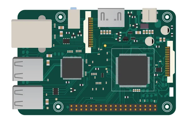 Placa mega eletrônica DIY com um microprocessador, interfaces, LEDs, conectores e outros componentes eletrônicos, para formar o básico de casa inteligente, robótica e muitos outros projetos relacionados à eletrônica —  Vetores de Stock