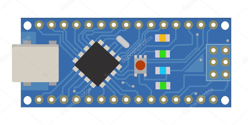 DIY electronic mini board with a micro-controller, LEDs, connectors, and other electronic components, to form the basic of smart