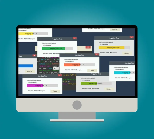 Arquivos de backup copiando a barra de progresso na tela do computador. Ilustração sobre fundo azul . — Vetor de Stock