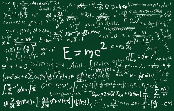 Pizarra inscrita con fórmulas científicas y cálculos en física y matemáticas. Puede ilustrar temas científicos vinculados a la mecánica cuántica, la teoría de la relatividad y cualquier cálculo científico — Vector de stock