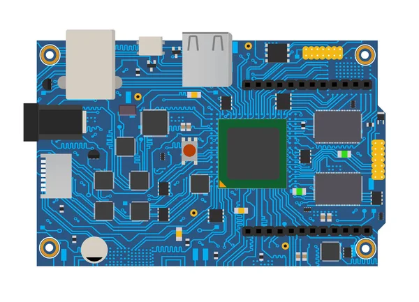 Placa mega eletrônica DIY com um microcontrolador, LEDs, conectores e outros componentes eletrônicos, para formar o básico de smart Vetores De Stock Royalty-Free