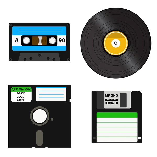 Conjunto de mídias de diferentes gerações - registro de vinil, fita cassete, um disquete de 3,5 polegadas em um disquete de 5,25 polegadas . Gráficos De Vetores