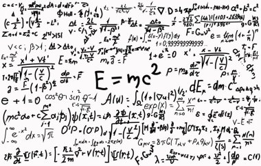 Bilimsel formüller ve fizik ve matematik hesaplamalar ile yazılı yazı tahtası. Kuantum mekaniği, görelilik teorisi ve herhangi bir bilimsel hesaplamalar için bağlı bilimsel konuları göstermek