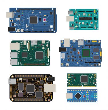 Elektronik devre kartlarına bir mikroişlemci, LED, konektörler ve diğer elektronik bileşenleri kümesi.