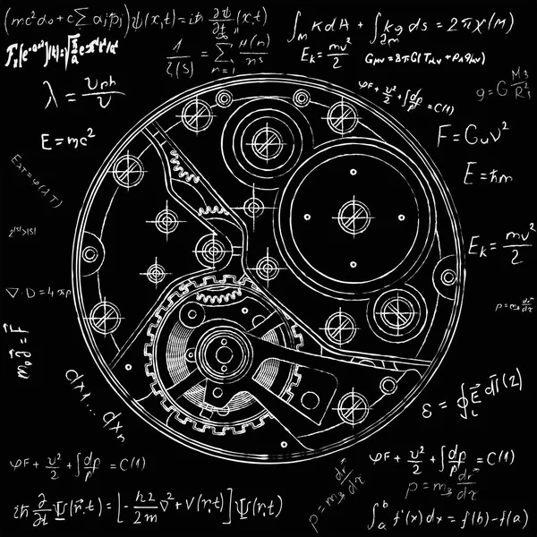 Relojes mecánicos planean con engranajes. Dibujo del dispositivo interno. Puede ser utilizado como un ejemplo de interacción armoniosa de sistemas complejos, técnica, ingeniería e investigación científica, alta tecnología — Vector de stock