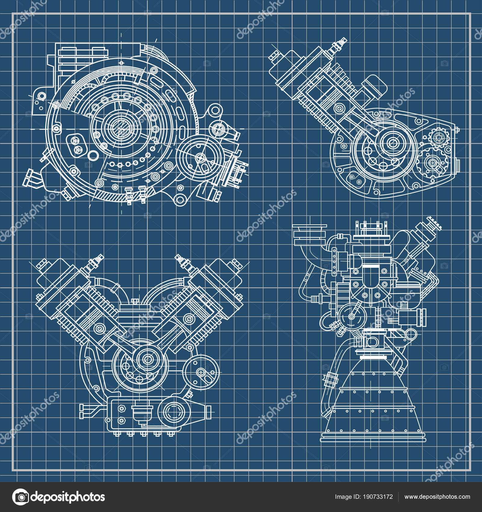 Um motor de combustão interna. O motor de desenho da máquina na seção,  ilustrando a estrutura interna - os cilindros, pistões, a vela de ignição.  Isolado sobre fundo branco . imagem vetorial