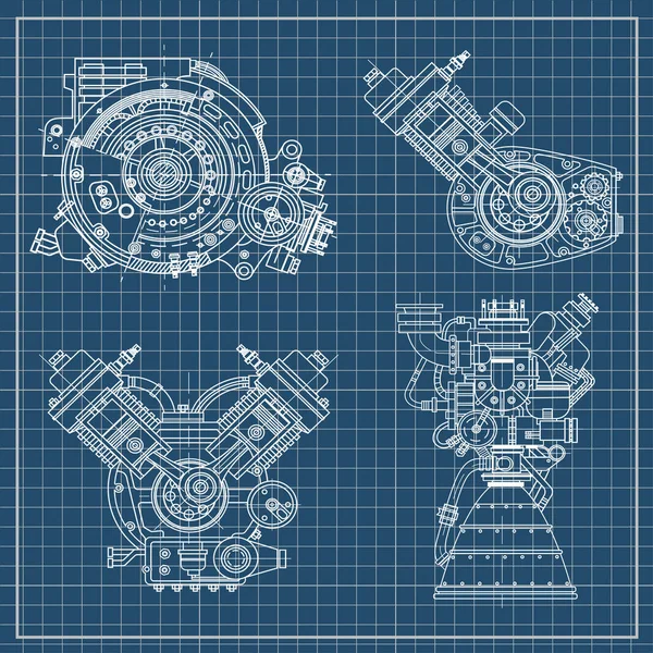 Jeu de dessins de moteurs - moteur à combustion interne du véhicule à moteur, moto, moteur électrique et une fusée. Il peut être utilisé pour illustrer des idées de science, de conception technique et de haute technologie. — Image vectorielle