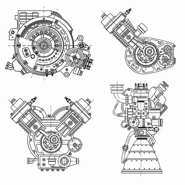 Jogo de desenhos de motores - motor de combustão interna de veículo a motor, motocicleta, motor elétrico e um foguete. Ele pode ser usado para ilustrar ideias de ciência, design de engenharia e alta tecnologia Vetor De Stock