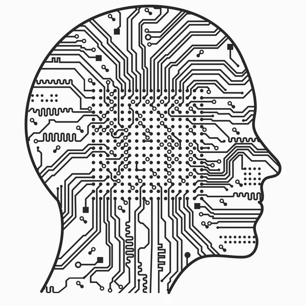 人工知能。人間の頭のイメージが輪郭を描き、その中に抽象的な回路基板があります。 — ストックベクタ