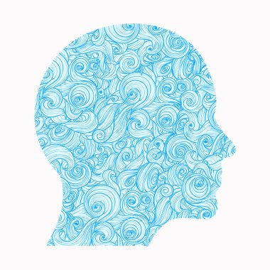 Düşünme. İçinde olan bir desen birbirine dalgaları simgeleyen düşünceler, duygular, zihin, insan kafası kontur ...