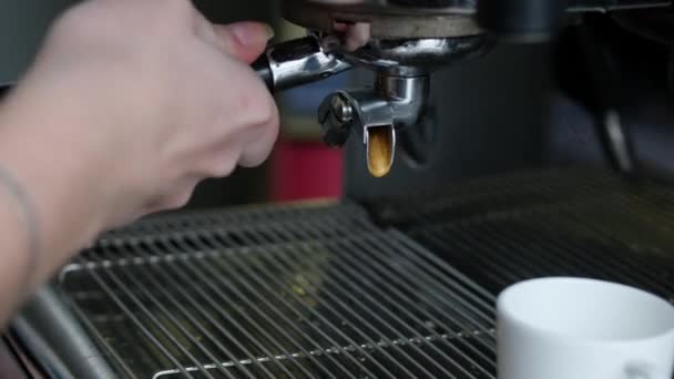 Full process of making coffee on professional coffee machine. Barista preparing double espresso, pouring it in white cup. — Stock Video