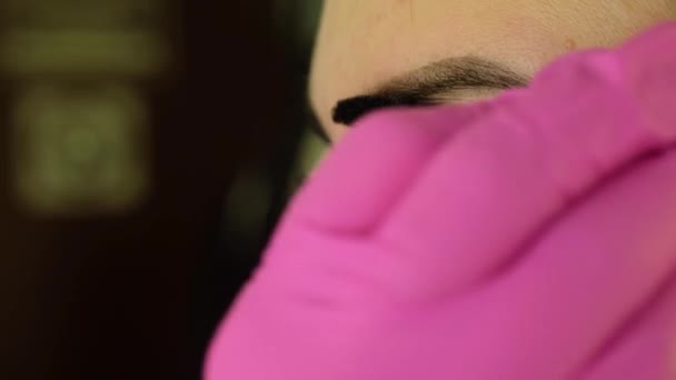 Master works with the brows. Eyebrow makeup. Woman in gloves makes correction and colouring of eyebrows. — Stock Video