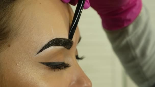 El maestro trabaja con las cejas. Maquillaje de cejas. La mujer en los guantes hace la corrección y la coloración de las cejas. — Vídeos de Stock