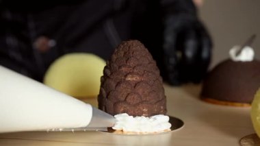 Renkli kadifeyle kaplı mini kremalı tatlı. Modern Avrupa pastası. Fransız mutfağı..