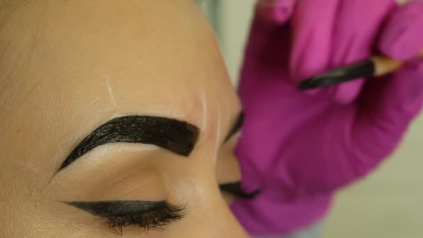 Maestro Trabaja Con Las Cejas Maquillaje Cejas Mujer Los Guantes — Vídeos de Stock