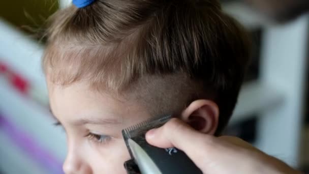Friseur schneidet einem kleinen Jungen zu Hause mit einem Haarschneider die Haare. Selbstisolierung, Quarantäne. — Stockvideo