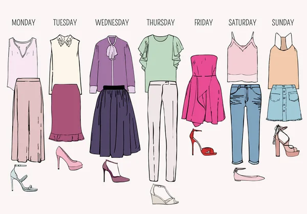 Roupas femininas durante uma semana. Vestidos, saias, tops, blusas, calças, jeans e sapatos — Vetor de Stock