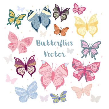 Beyaz arka plan üzerinde izole vektör renkli kelebekler dizi