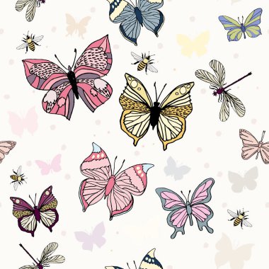 Vektör desen renkli kelebekler, Yusufçuk ve arı