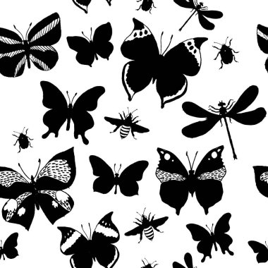 Vektör desen renkli kelebekler, Yusufçuk, böcek ve arı ile