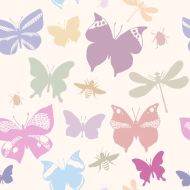 Vektör desen renkli kelebekler, Yusufçuk, böcek ve arı ile