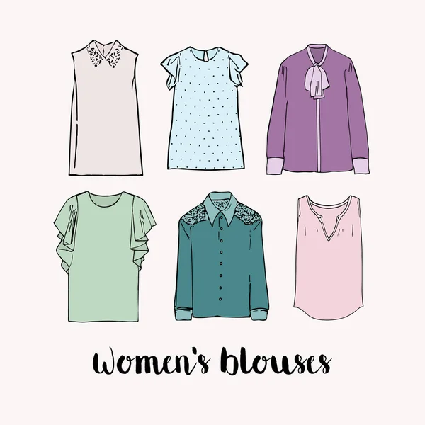 Seis blusas femininas vetoriais coloridas — Vetor de Stock