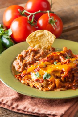 Tavuk Enchilada Meksika yemeği güveç rustik yeşil tabakta