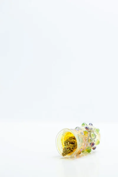Marijuana Cannabis Buds In Decorative Glass Jar Isolated On Whit — Stock Photo, Image