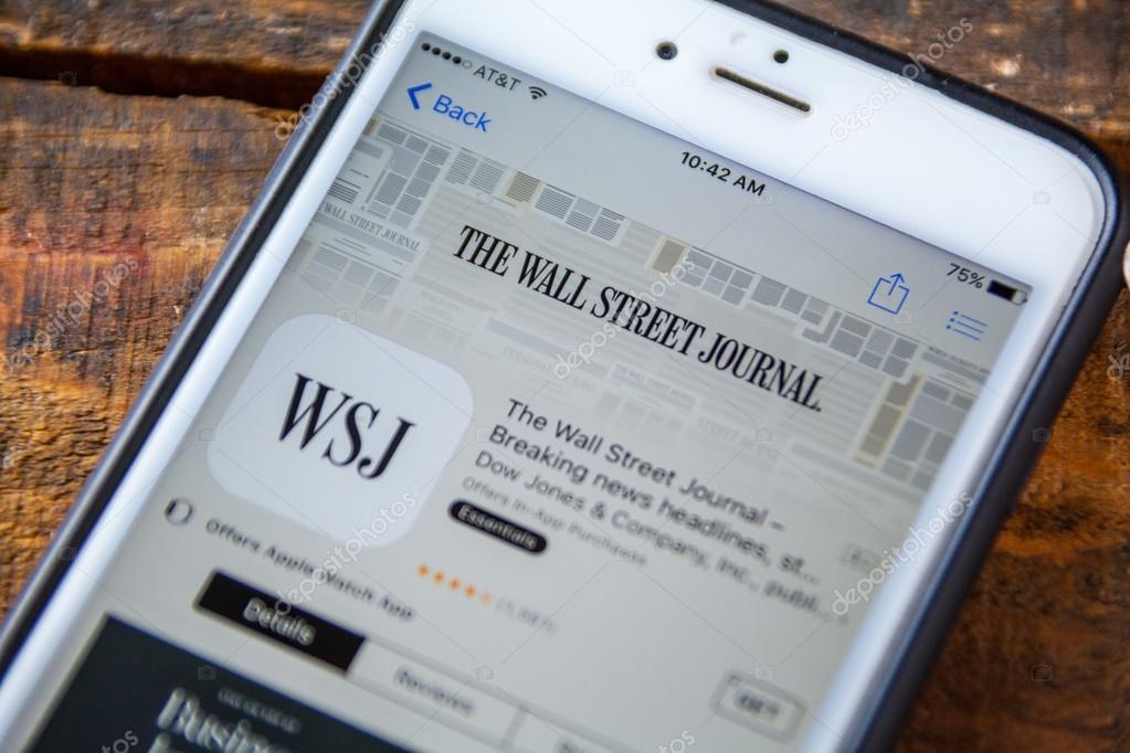 LAS VEGAS, NV - September 22. 2016 - The Wall Street Journal iPhone App In The Apple App Store For Download. Selective Focus.