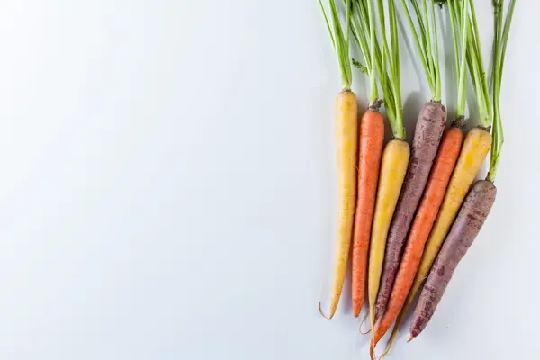 Zanahorias orgánicas frescas racimo colorido crudo aislado sobre fondo blanco —  Fotos de Stock