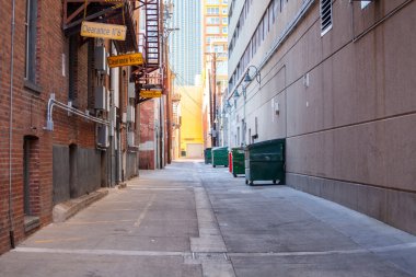 Tuğla alleyway dumpsters ve yangın merdiveni ve kopya alanı ile.