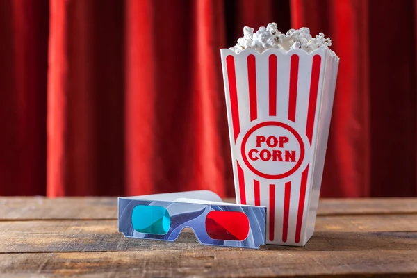 Popcorn In Classic Cinema Serving Box And 3D Glasses For Watching