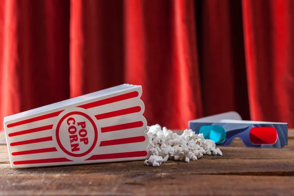 Popcorn In Classic Cinema Serving Box And 3D Glasses For Watching
