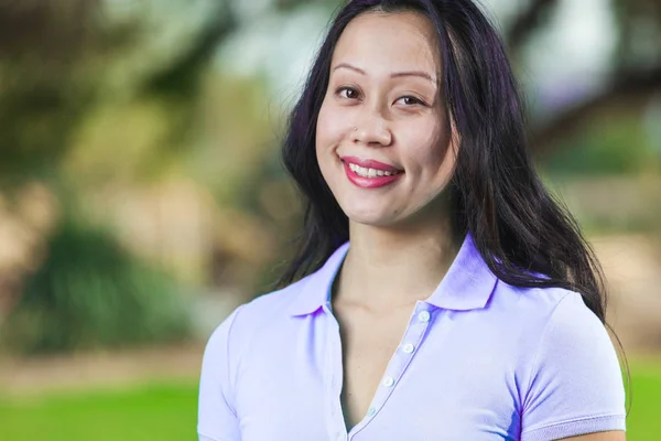 Asian Young Woman Close Up Portrait Smiling Wearing Purple Polo — Stock Photo, Image