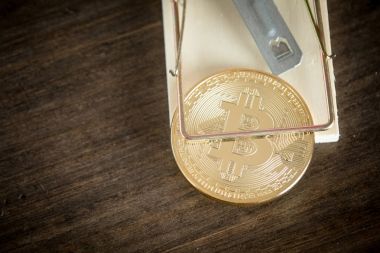 Yukarıdan aşağıya fare kapanı altın Bitcoin Cryptocurrency.