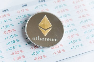 Altın ethereum cryptocurrency Jeton numaraları grafik borsa masada.