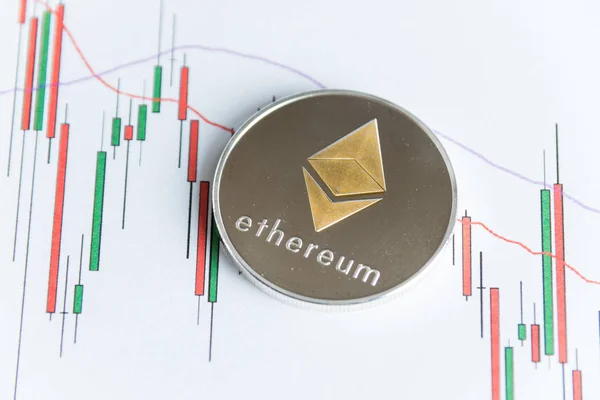 Gold ethereum cryptocurrency coin on candlestick trading chart. — Stock Photo, Image