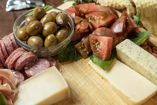 Placing Gourmet Cheese Charcuterie Board Selective Focus — Stock Photo, Image