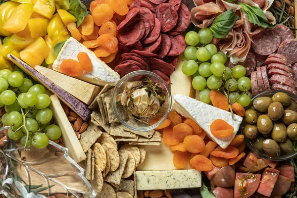 Close Top Gourmet Charcuterie Board Flat Lay Selective Focus Stock Photo