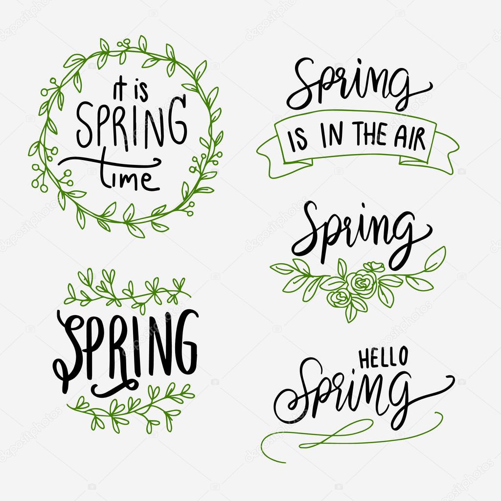 Spring lettering green and black set. Calligraphy postcard or poster graphic design typography element. Hand written  style.