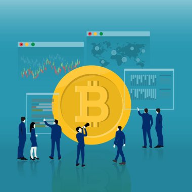 Ticaret, iş piyasası online bitcoin işlem için vektör illüstrasyon kavramlar düz tasarım cryptocurrency bitcoin.
