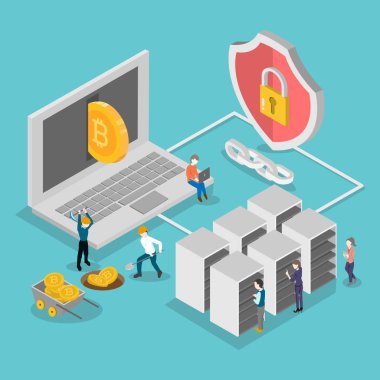 bitcoin dijital Kripto para birimi, blockchain ve güvenlik kavramı. vektör çizim 